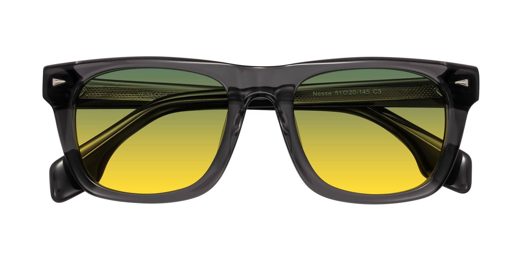 Folded Front of Nesse in Transparent Gray with Green / Yellow Gradient Lenses