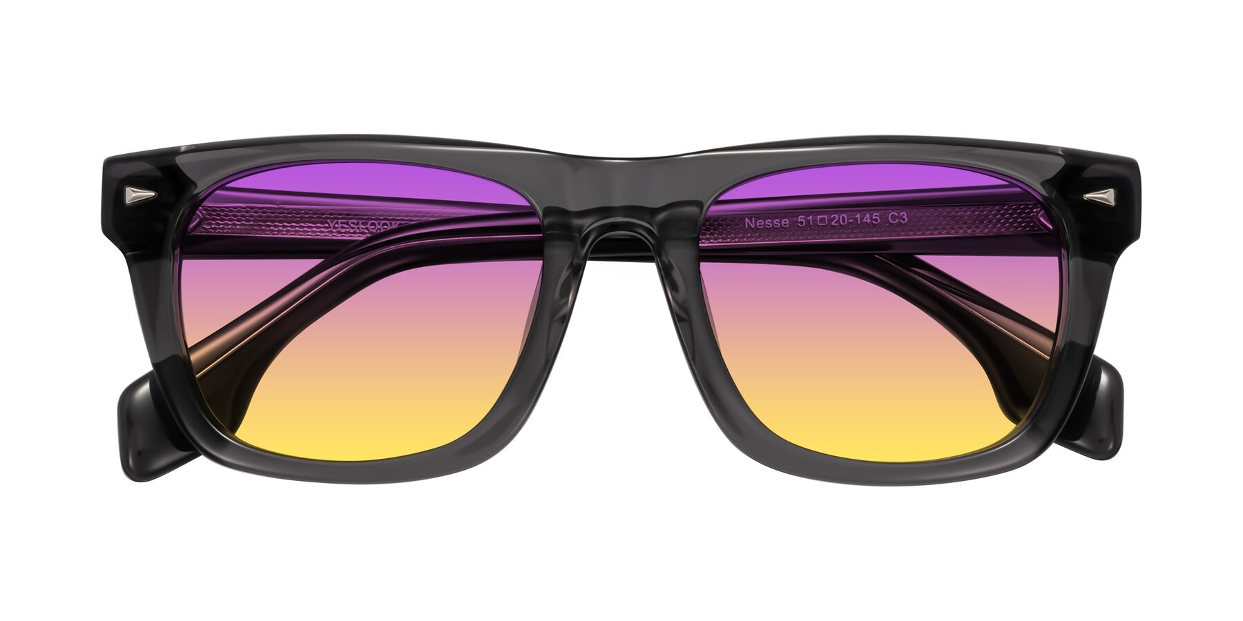 Folded Front of Nesse in Transparent Gray with Purple / Yellow Gradient Lenses