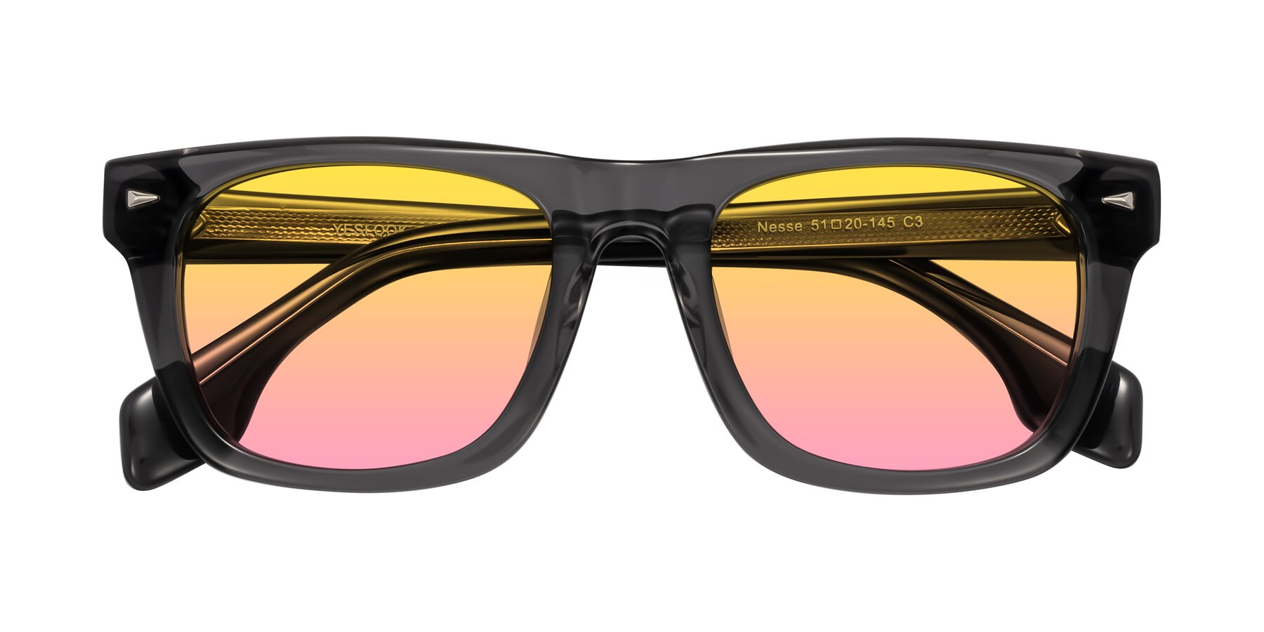 Folded Front of Nesse in Transparent Gray with Yellow / Pink Gradient Lenses