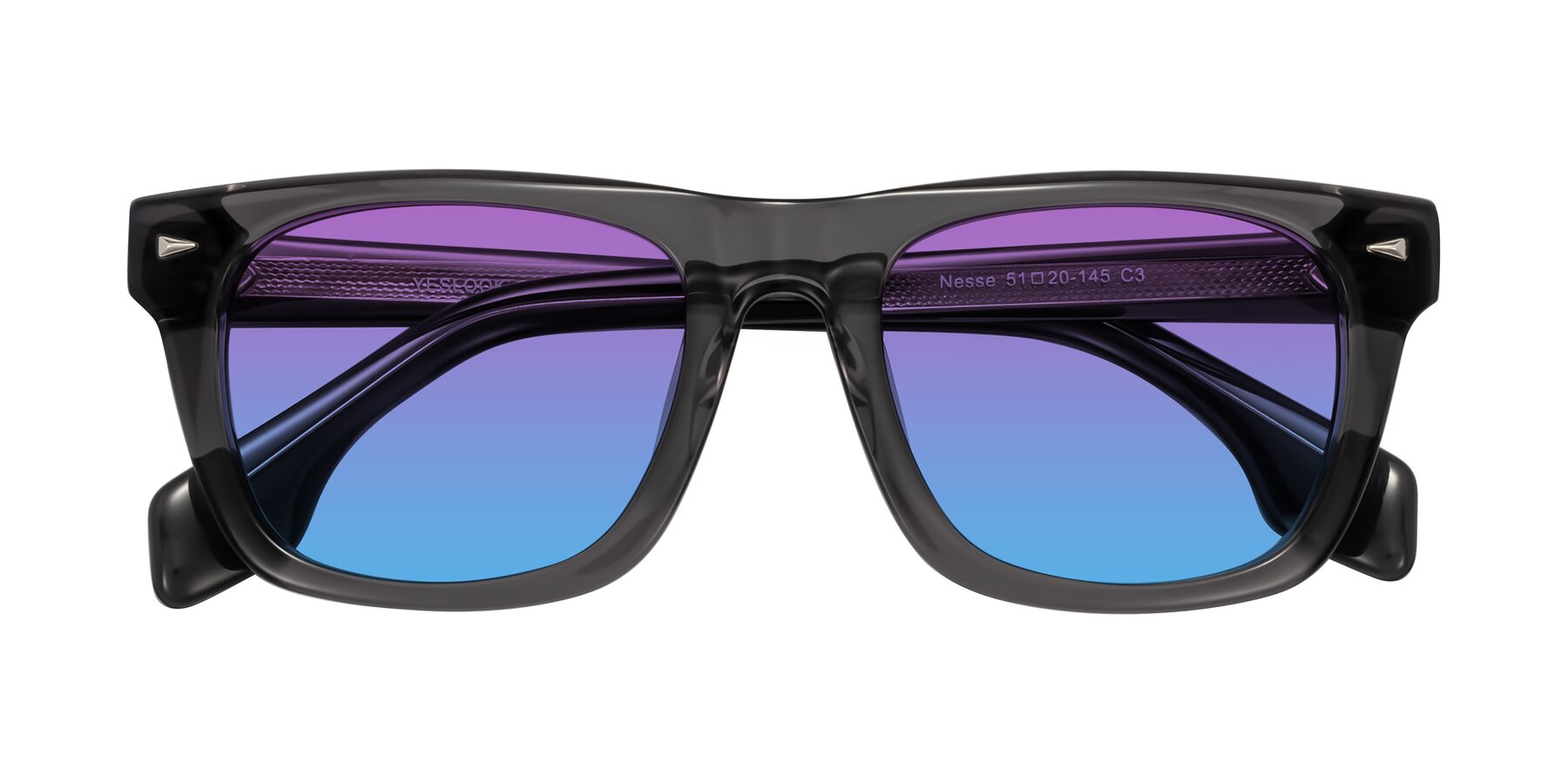 Folded Front of Nesse in Transparent Gray with Purple / Blue Gradient Lenses