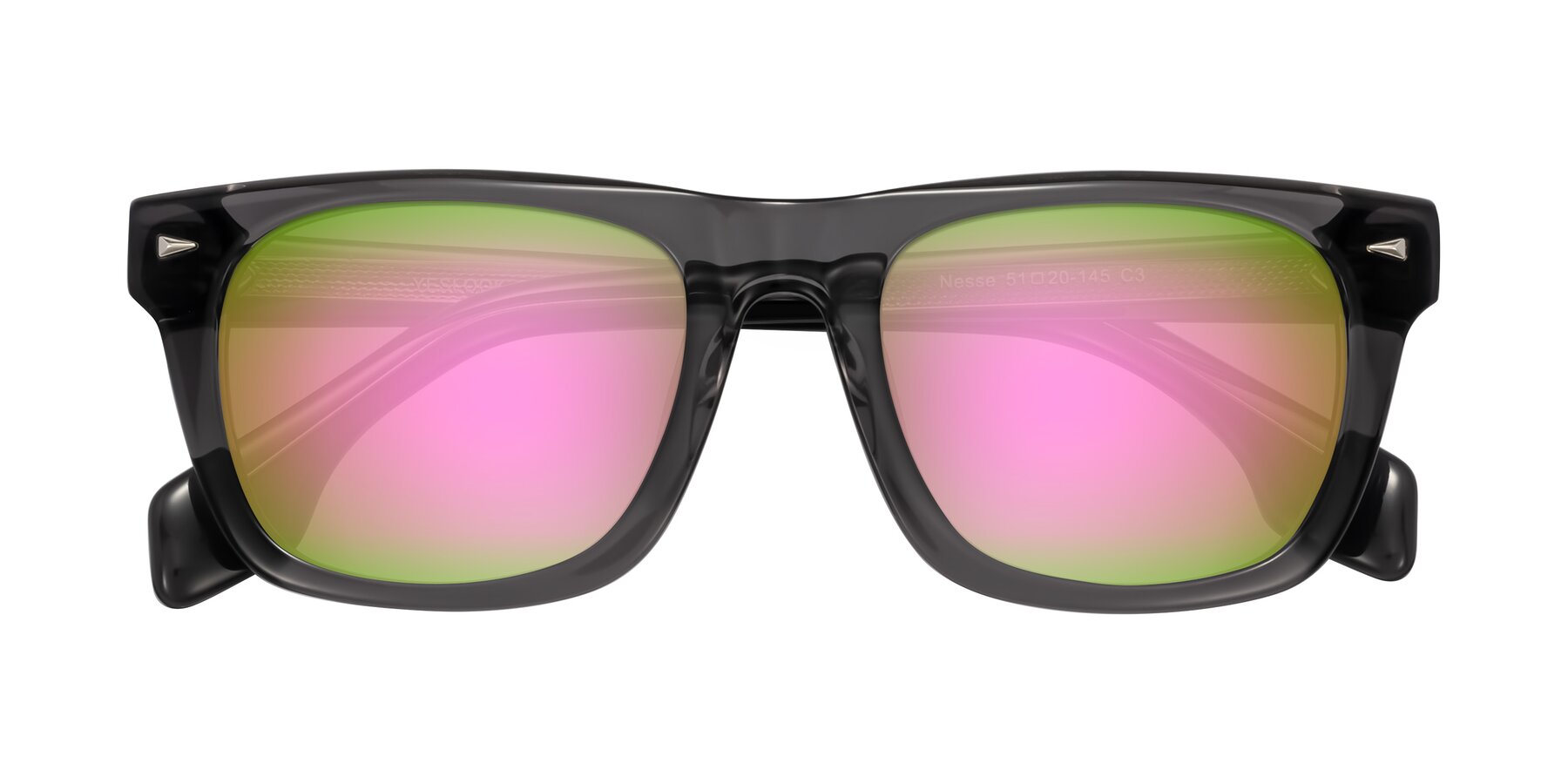 Folded Front of Nesse in Transparent Gray with Pink Mirrored Lenses