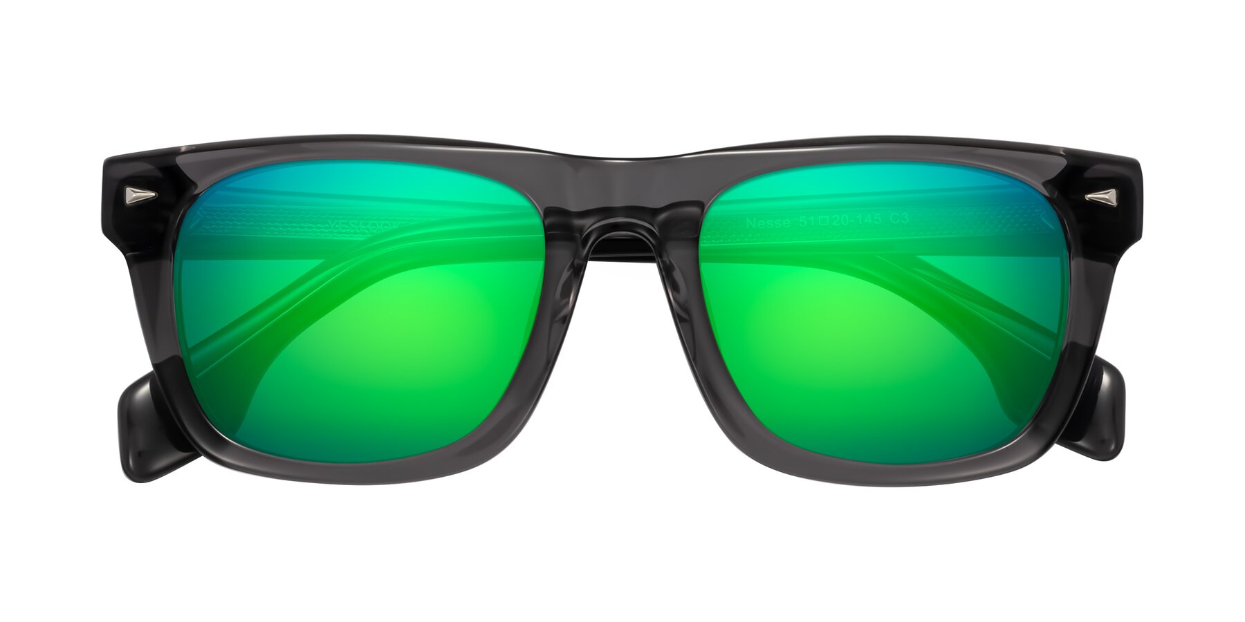 Folded Front of Nesse in Transparent Gray with Green Mirrored Lenses