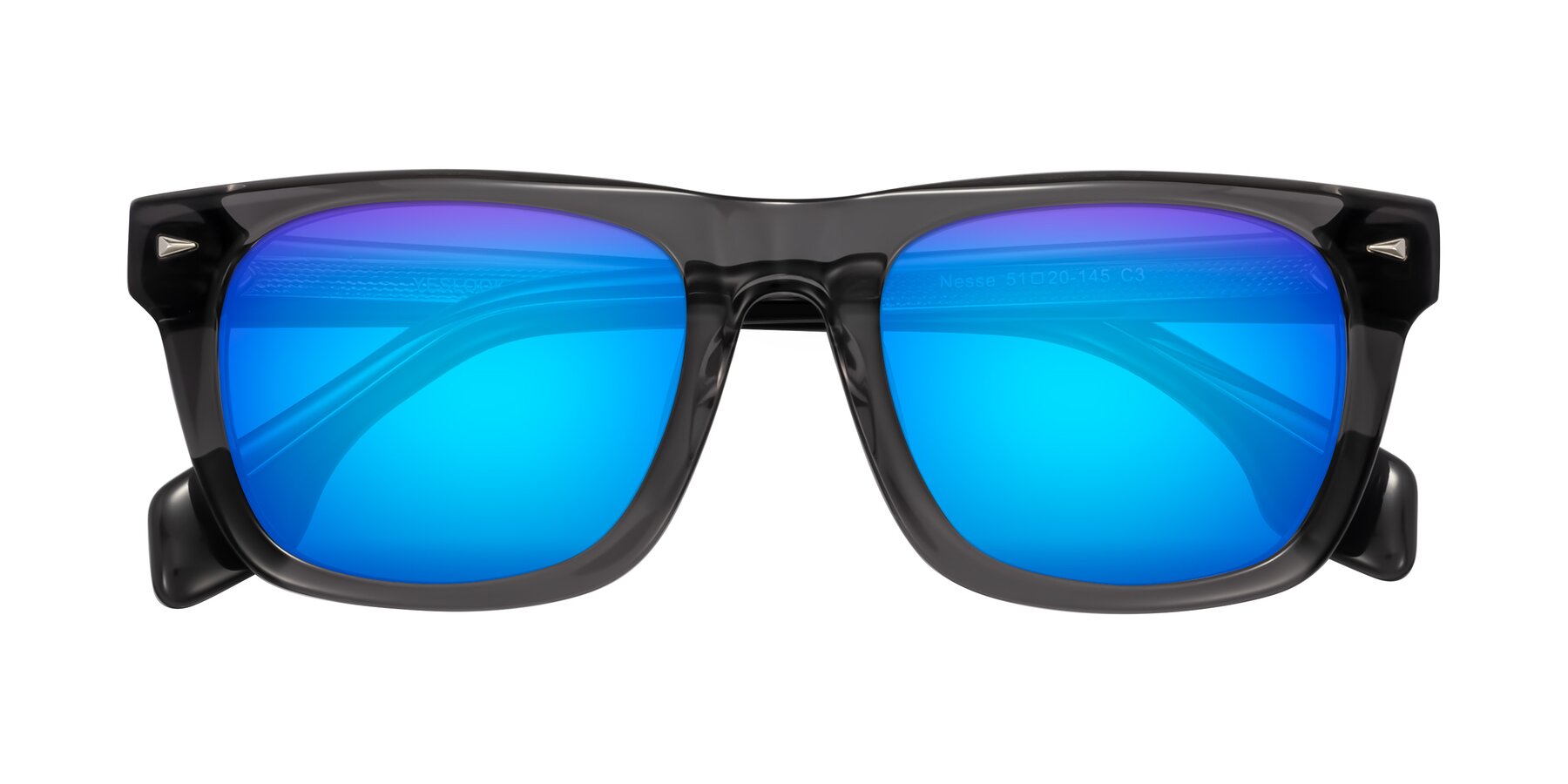 Folded Front of Nesse in Transparent Gray with Blue Mirrored Lenses