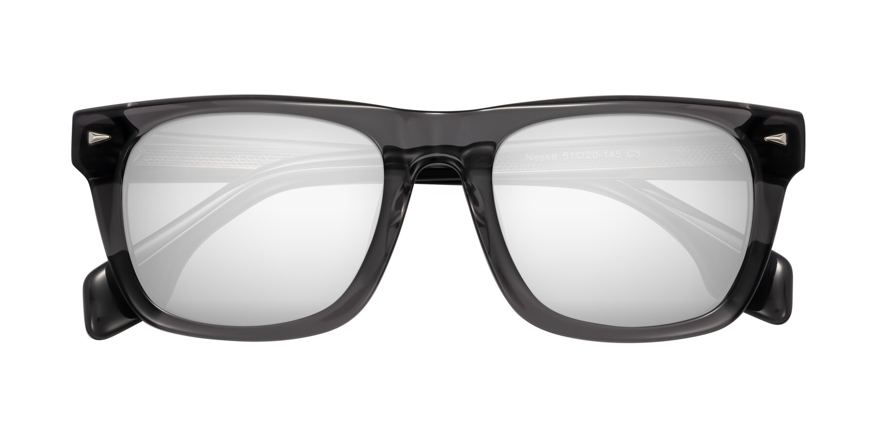 Folded Front of Nesse in Transparent Gray with Silver Mirrored Lenses