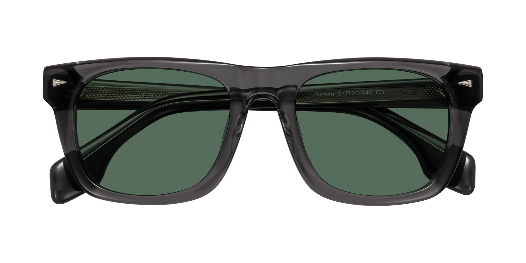 Folded Front of Nesse in Transparent Gray with Green Polarized Lenses