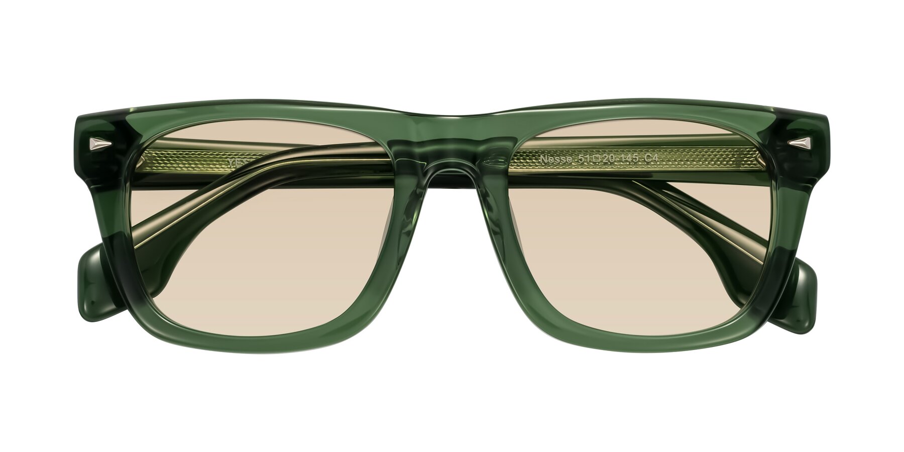 Folded Front of Nesse in Transparent Green with Light Brown Tinted Lenses