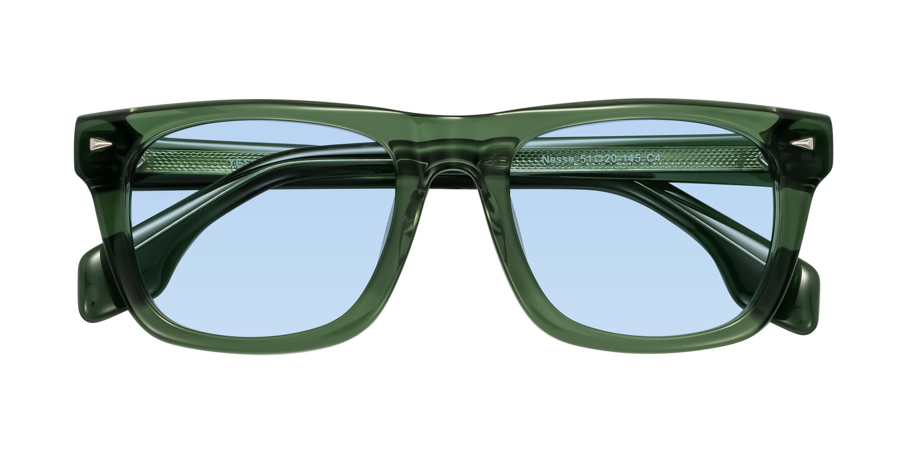 Folded Front of Nesse in Transparent Green with Light Blue Tinted Lenses