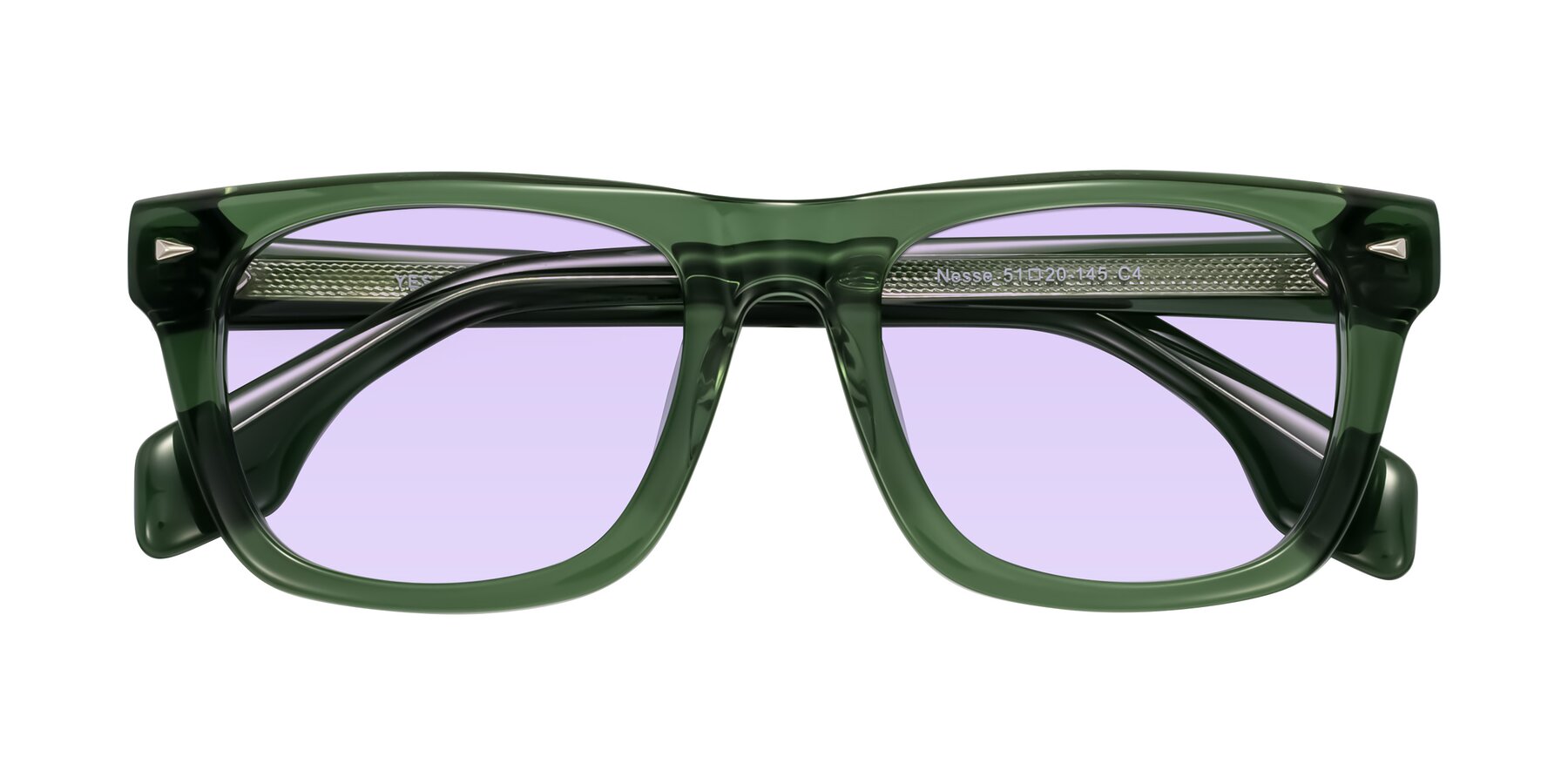Folded Front of Nesse in Transparent Green with Light Purple Tinted Lenses