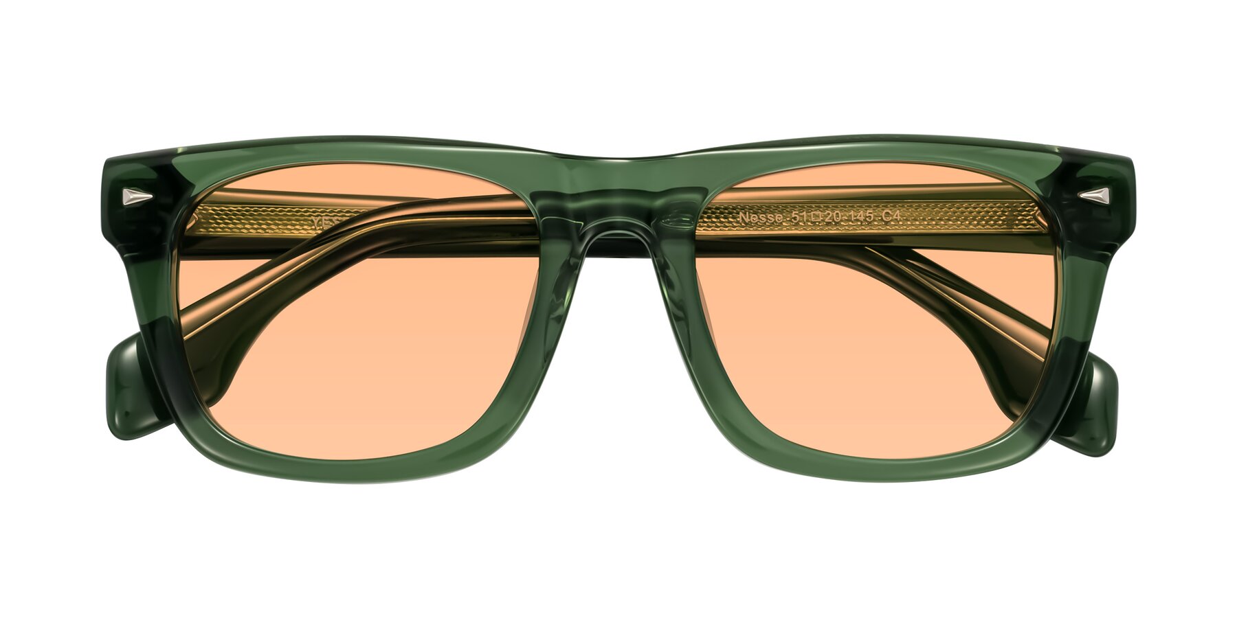 Folded Front of Nesse in Transparent Green with Light Orange Tinted Lenses