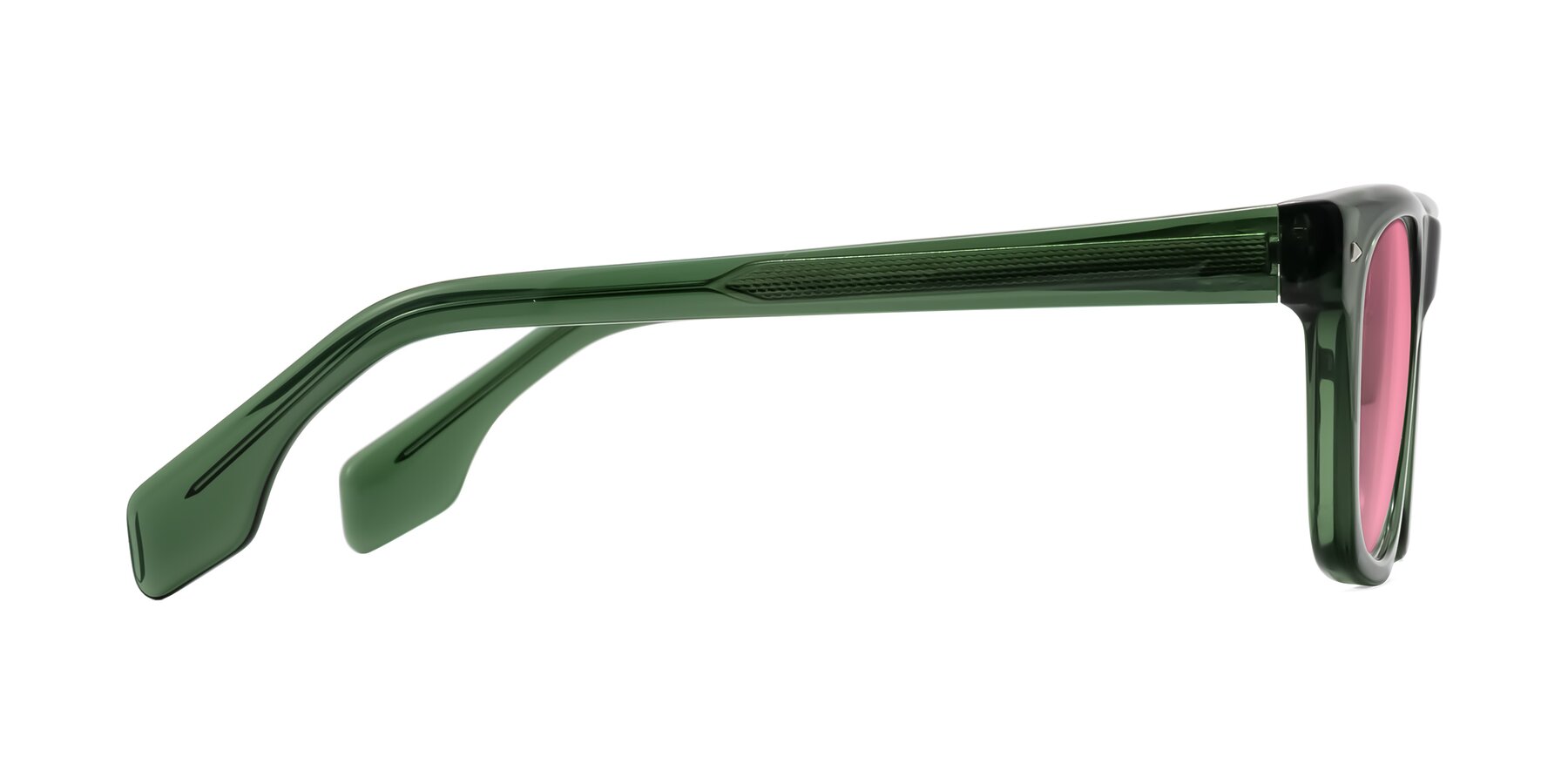 Side of Nesse in Transparent Green with Pink Tinted Lenses