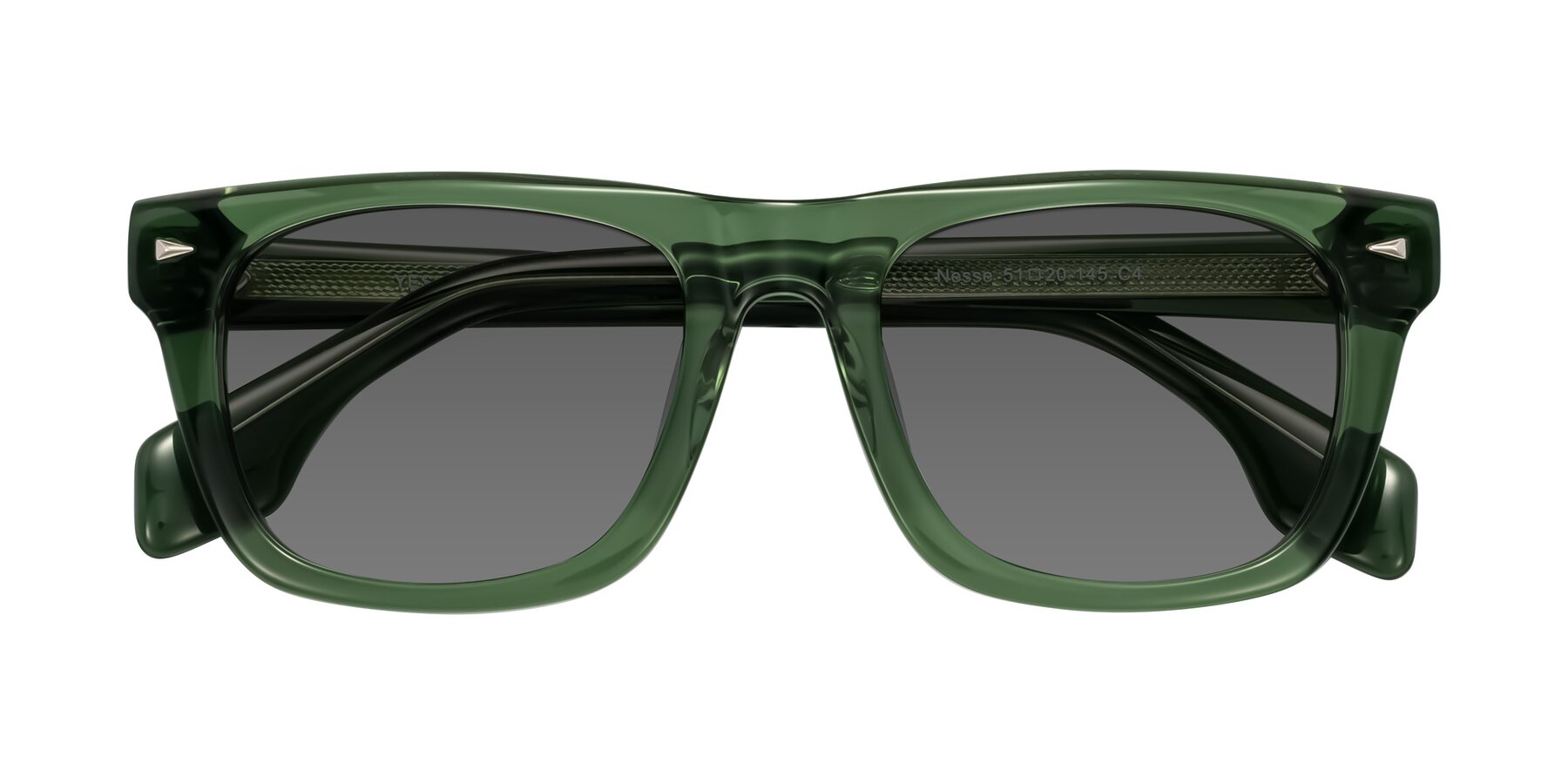 Folded Front of Nesse in Transparent Green with Medium Gray Tinted Lenses