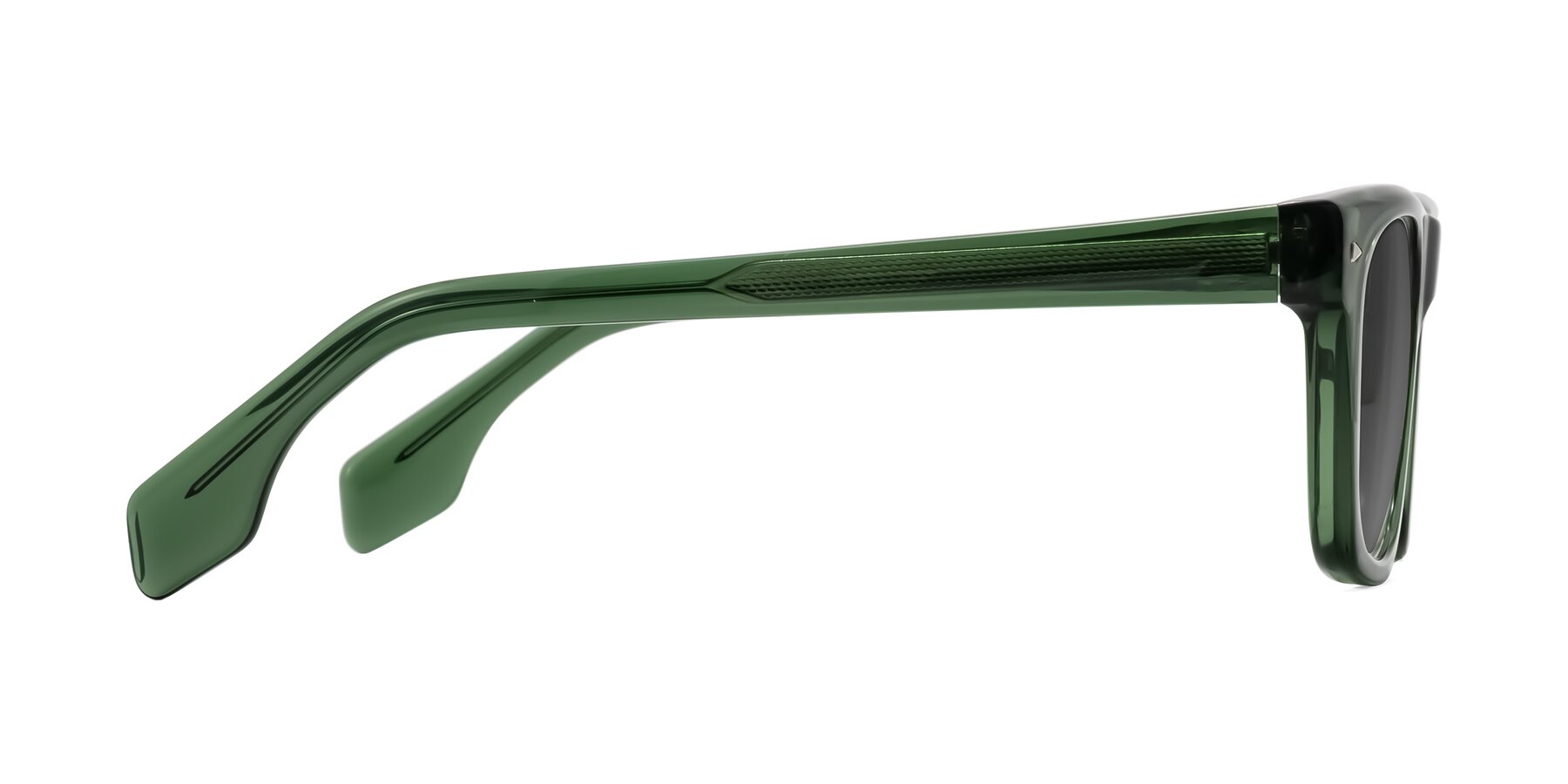 Side of Nesse in Transparent Green with Medium Gray Tinted Lenses