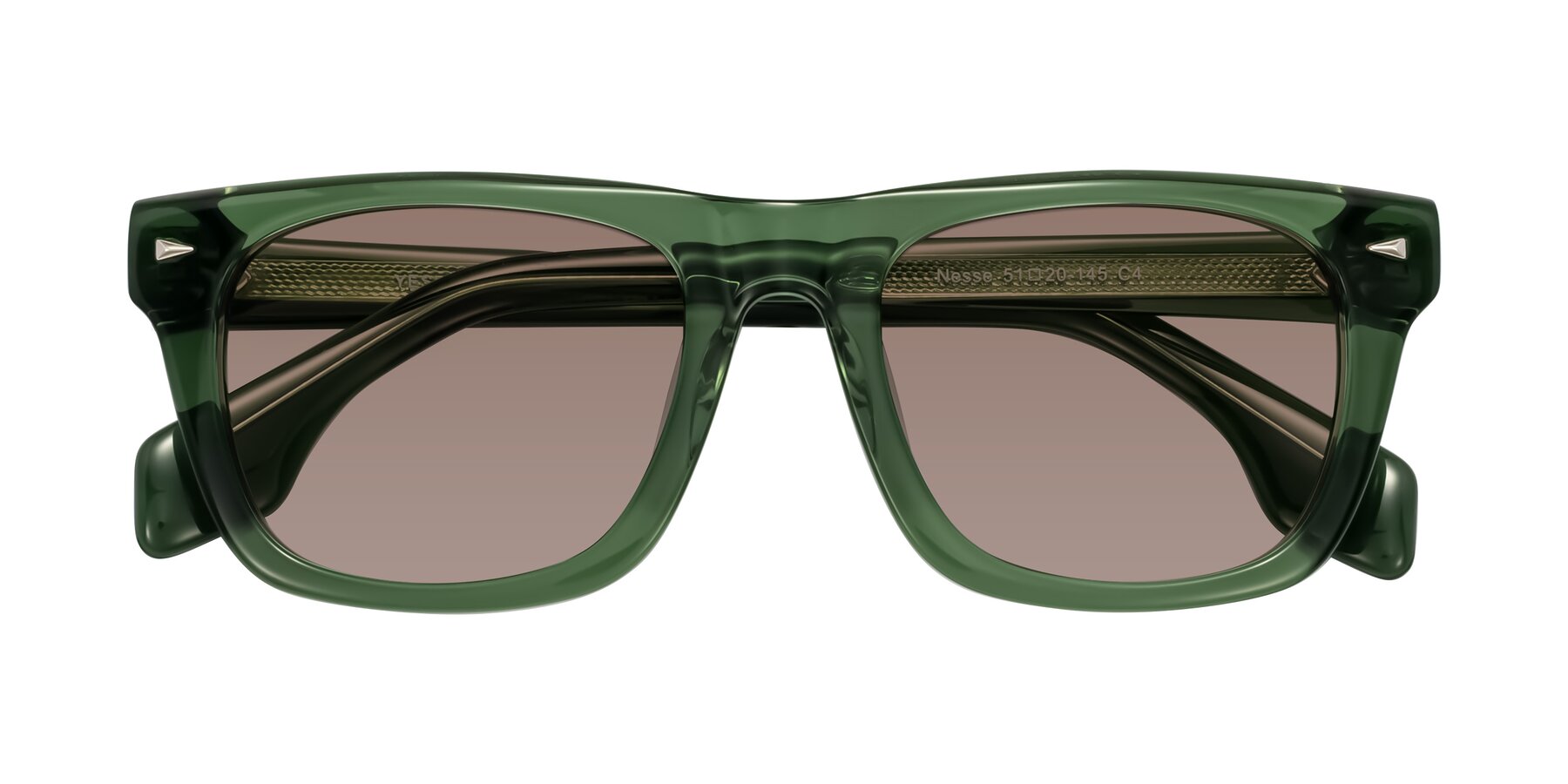 Folded Front of Nesse in Transparent Green with Medium Brown Tinted Lenses