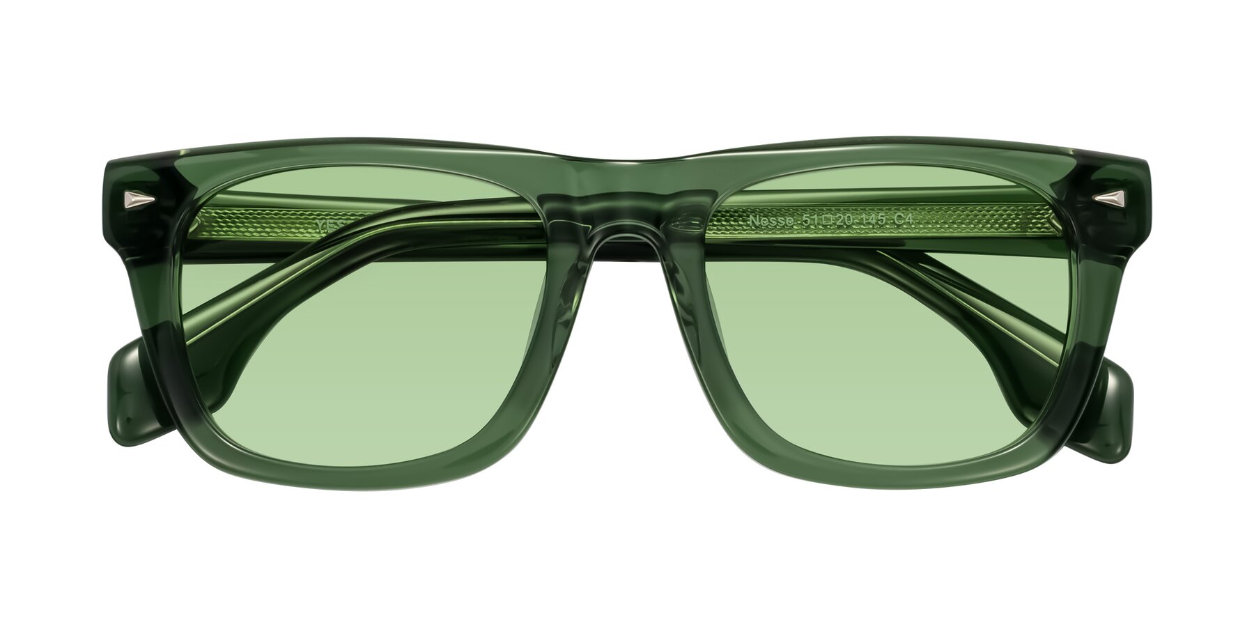 Folded Front of Nesse in Transparent Green with Medium Green Tinted Lenses