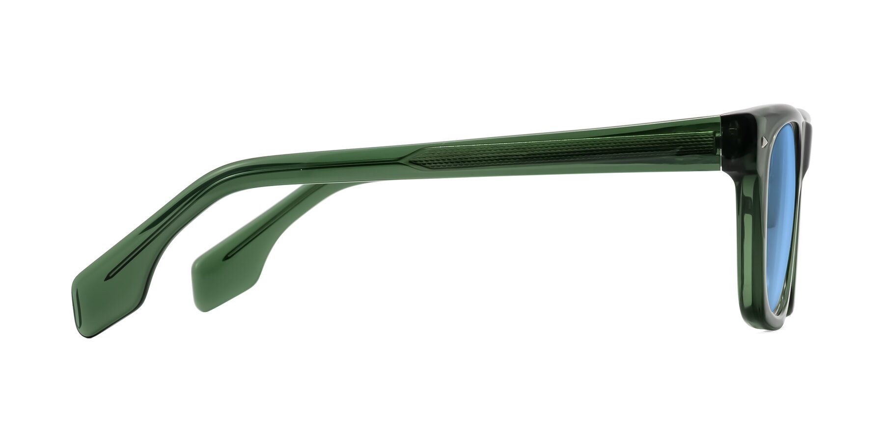 Side of Nesse in Transparent Green with Medium Blue Tinted Lenses