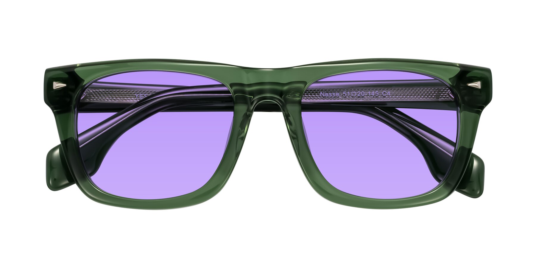 Folded Front of Nesse in Transparent Green with Medium Purple Tinted Lenses