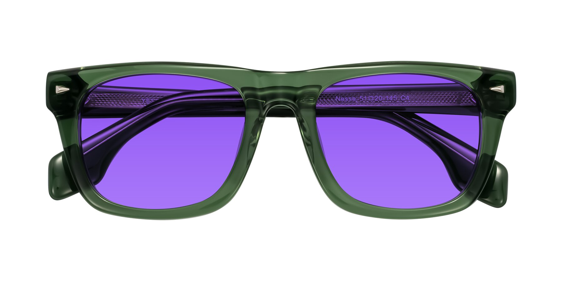 Folded Front of Nesse in Transparent Green with Purple Tinted Lenses