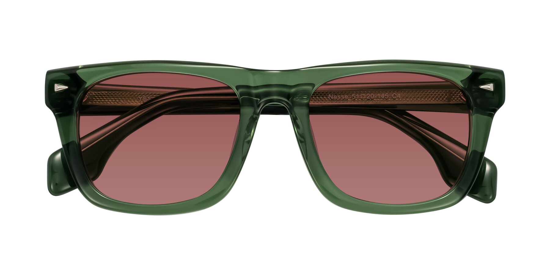 Folded Front of Nesse in Transparent Green with Garnet Tinted Lenses
