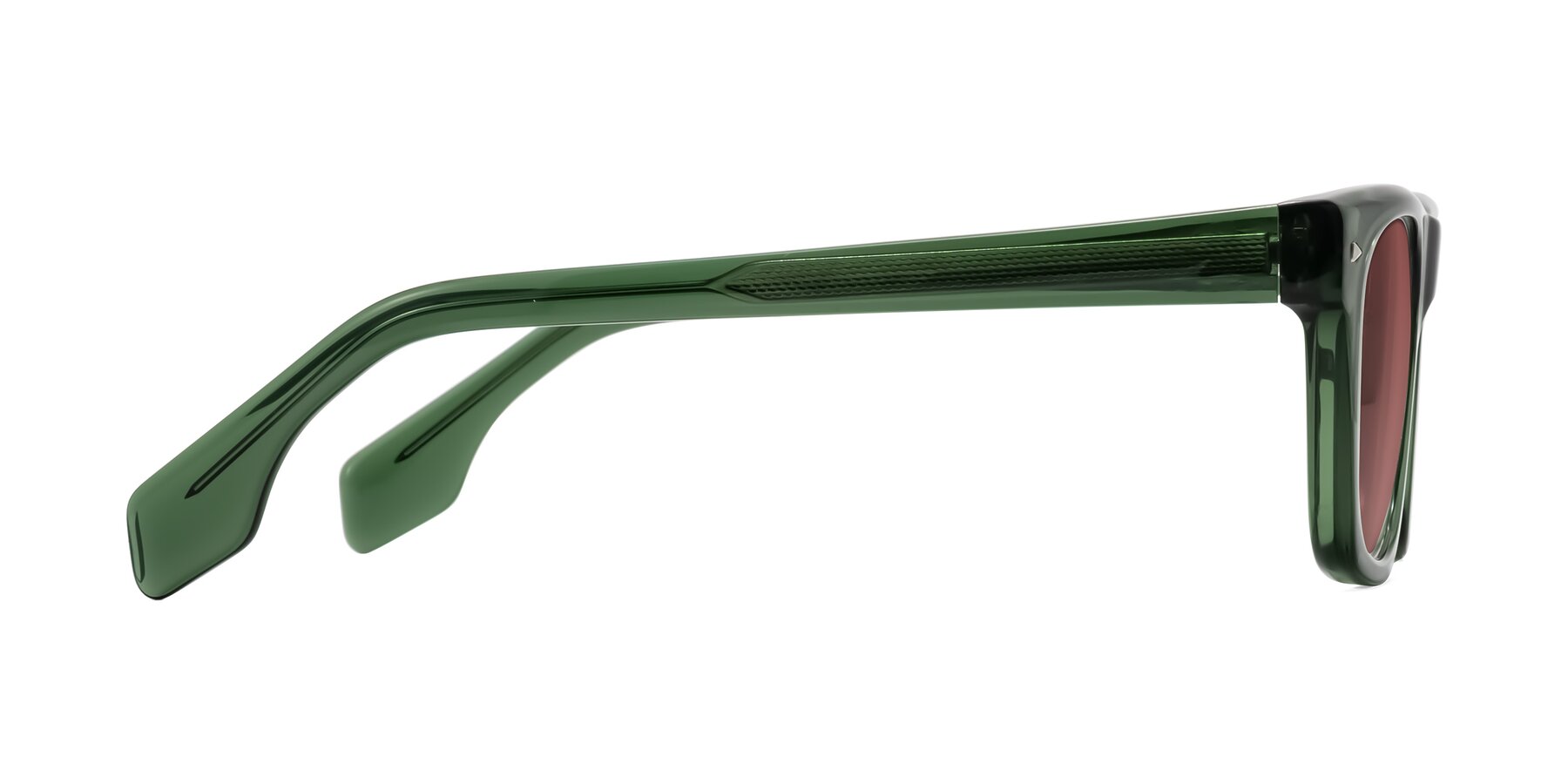 Side of Nesse in Transparent Green with Garnet Tinted Lenses