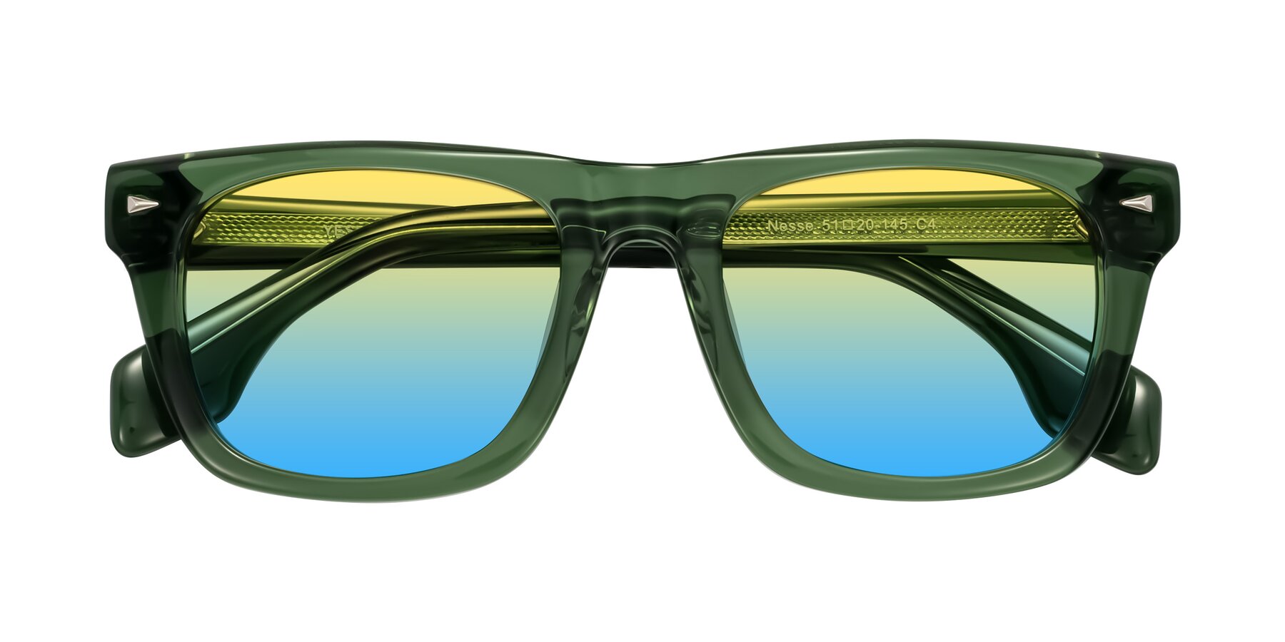 Folded Front of Nesse in Transparent Green with Yellow / Blue Gradient Lenses
