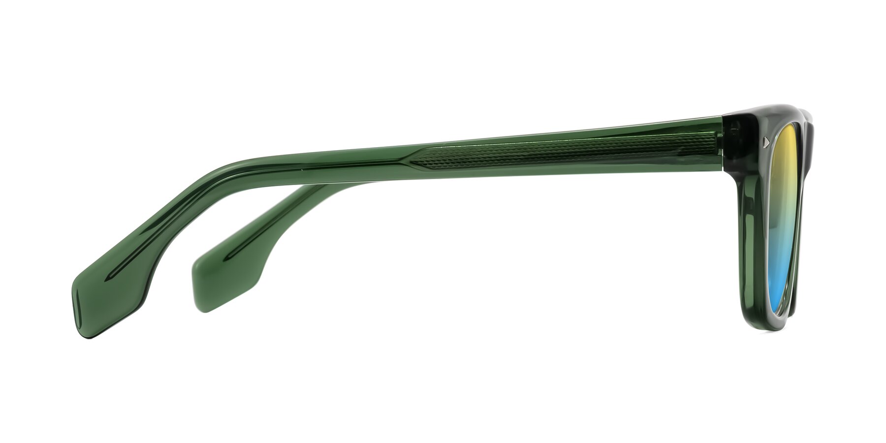 Side of Nesse in Transparent Green with Yellow / Blue Gradient Lenses