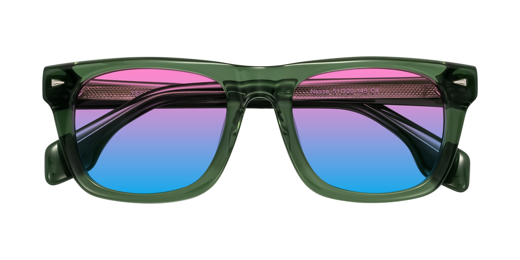 Folded Front of Nesse in Transparent Green with Pink / Blue Gradient Lenses