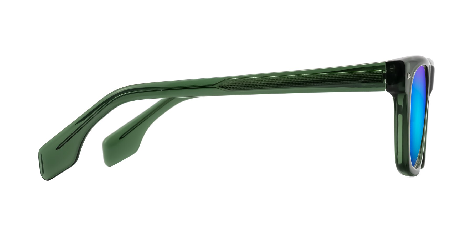 Side of Nesse in Transparent Green with Blue Mirrored Lenses