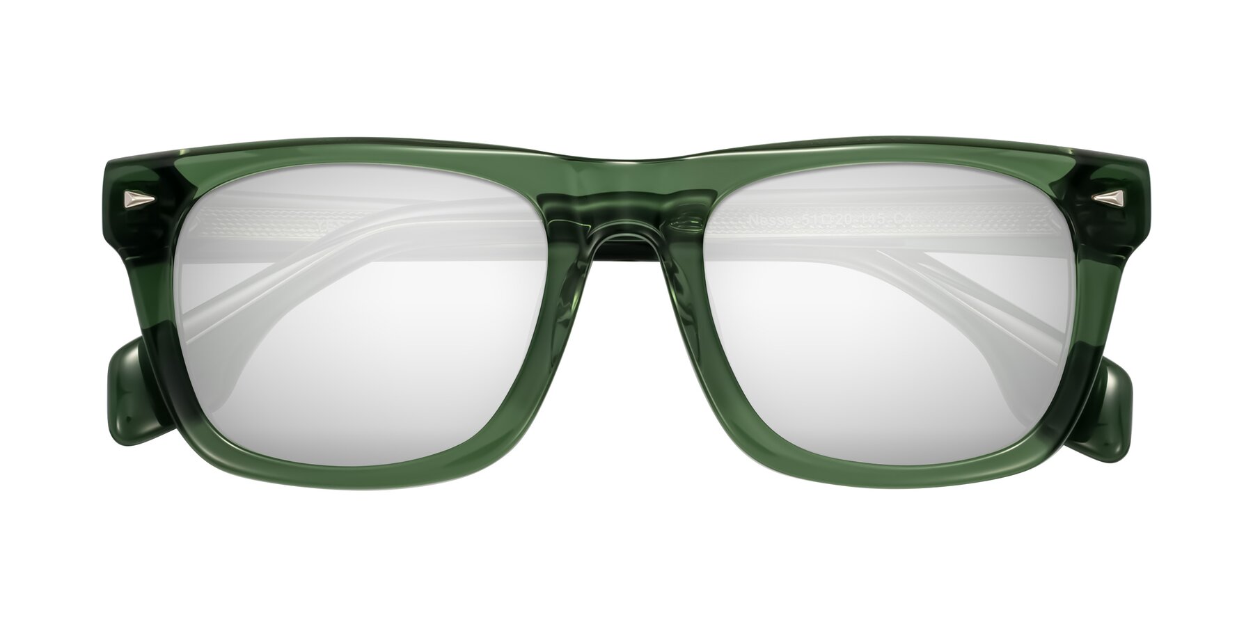 Folded Front of Nesse in Transparent Green with Silver Mirrored Lenses