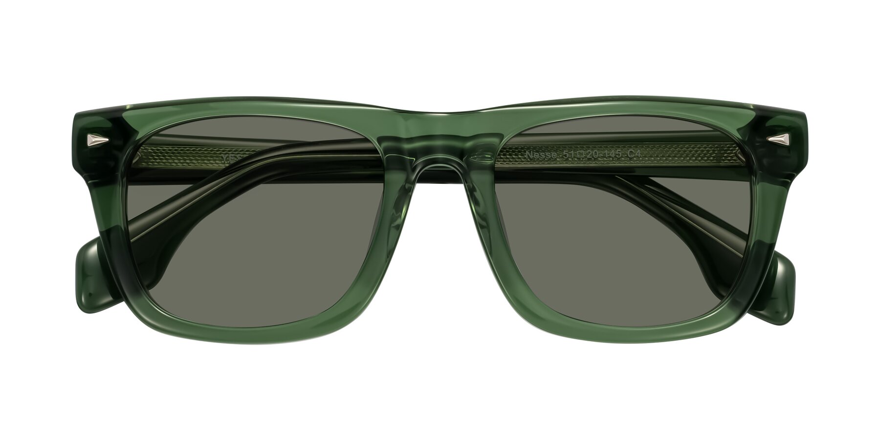 Folded Front of Nesse in Transparent Green with Gray Polarized Lenses