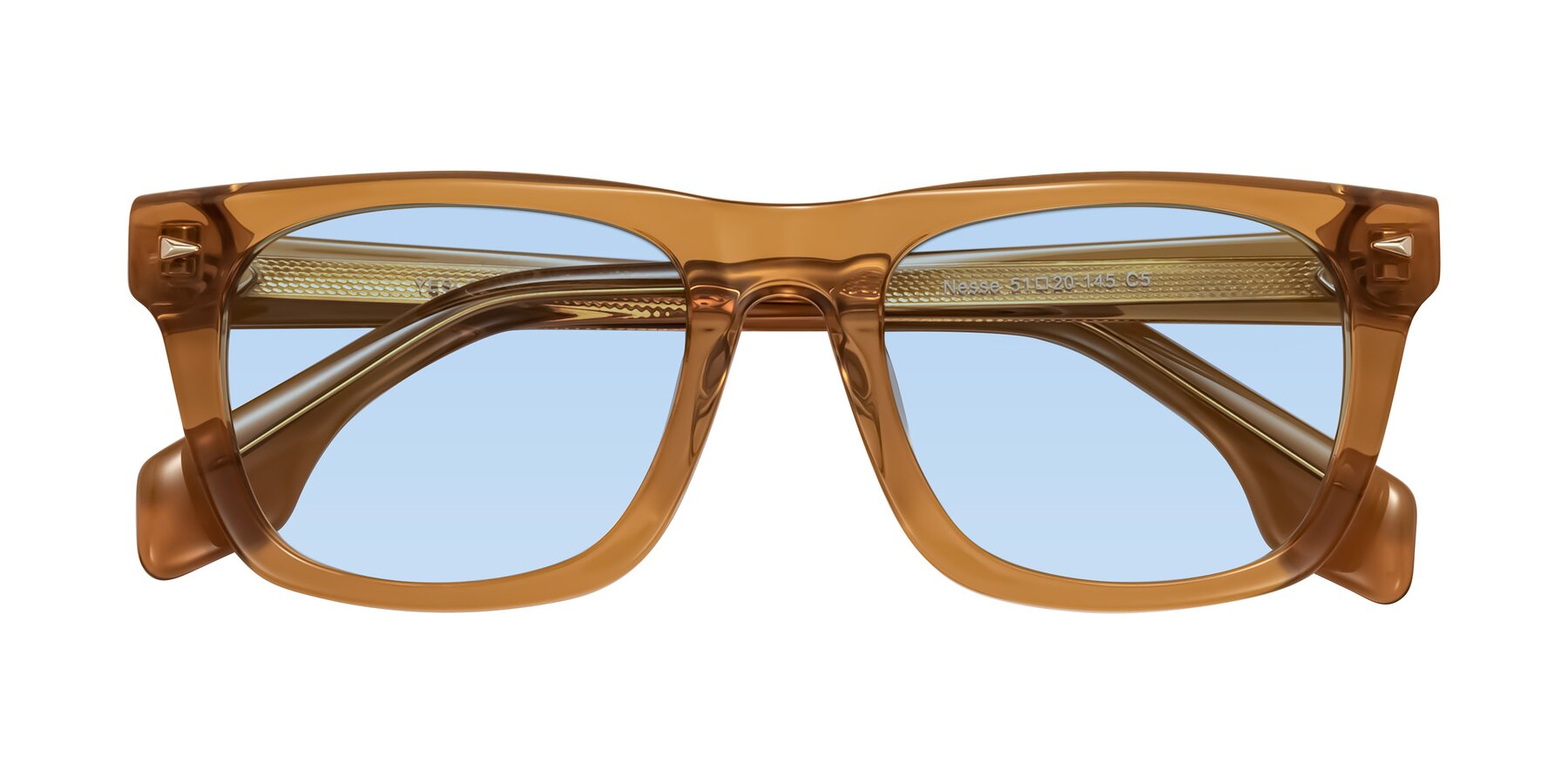 Folded Front of Nesse in Amber with Light Blue Tinted Lenses