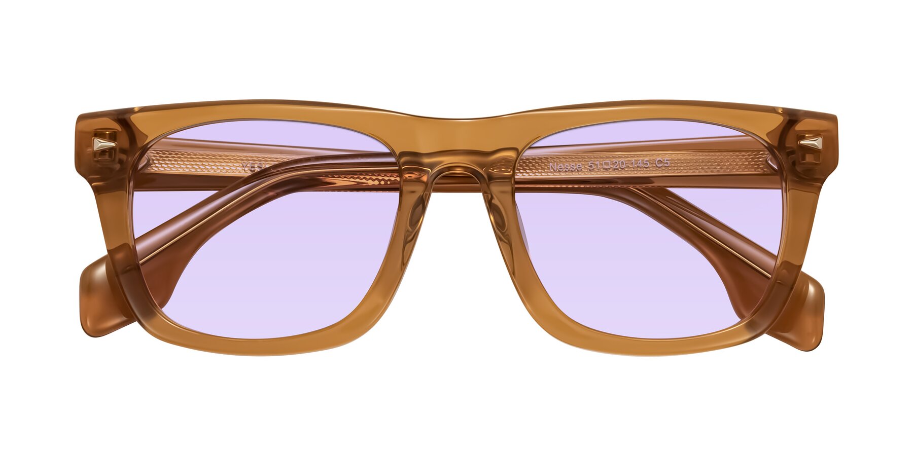 Folded Front of Nesse in Amber with Light Purple Tinted Lenses