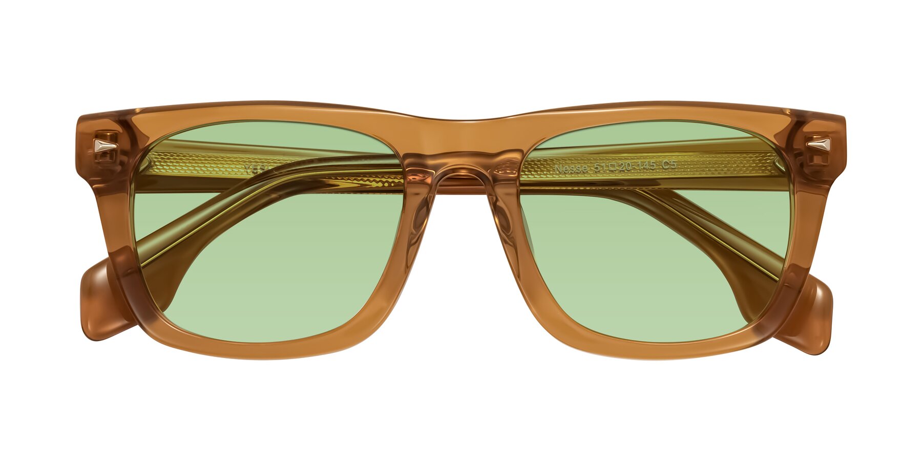 Folded Front of Nesse in Amber with Medium Green Tinted Lenses