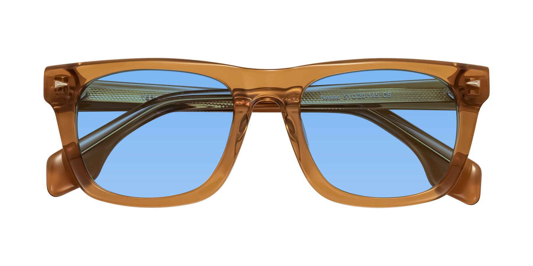 Folded Front of Nesse in Amber with Medium Blue Tinted Lenses