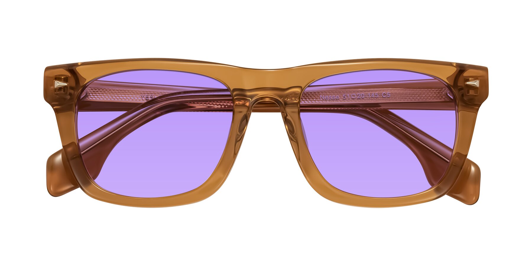 Folded Front of Nesse in Amber with Medium Purple Tinted Lenses