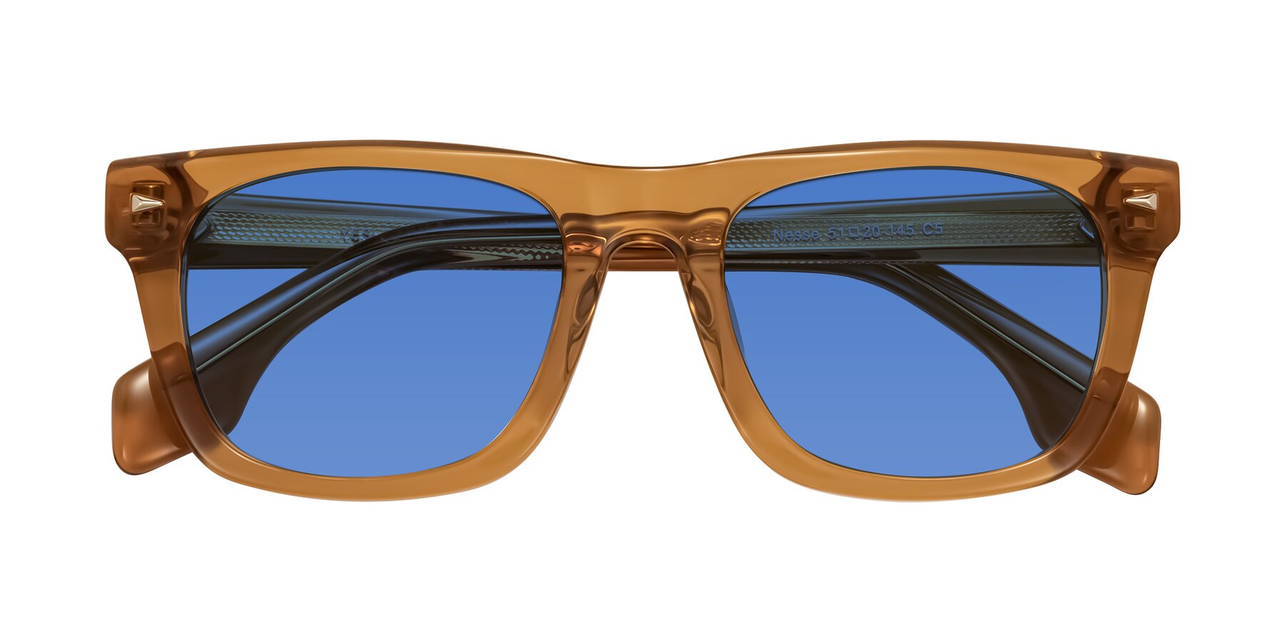 Folded Front of Nesse in Amber with Blue Tinted Lenses