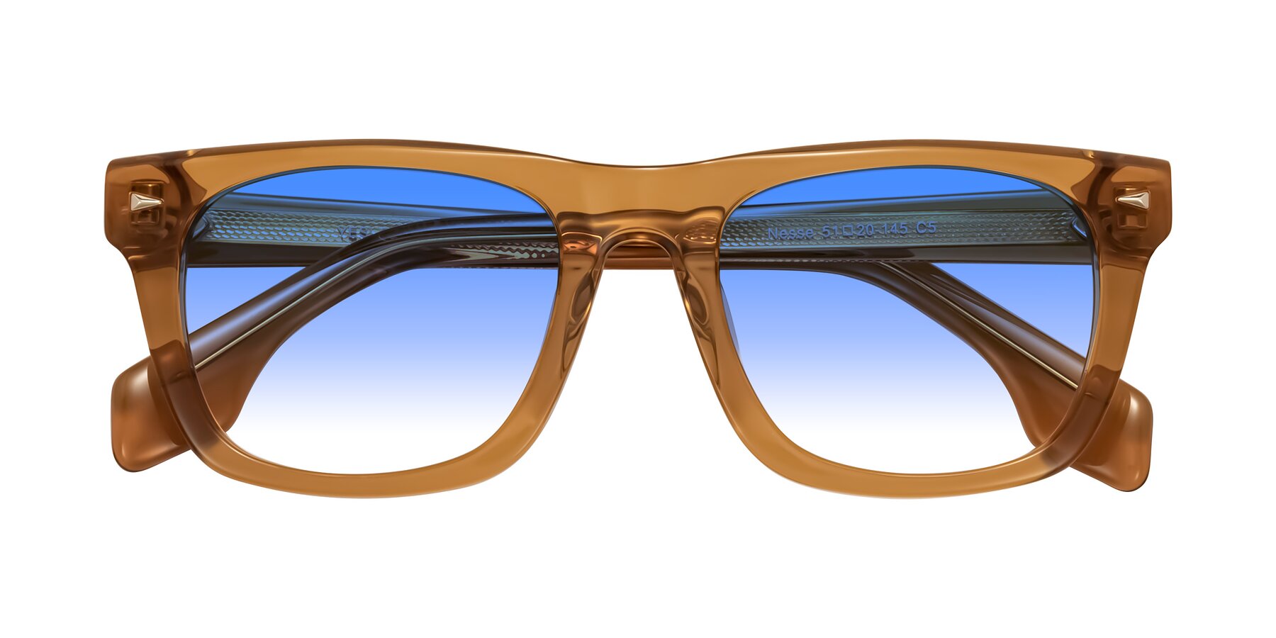 Folded Front of Nesse in Amber with Blue Gradient Lenses