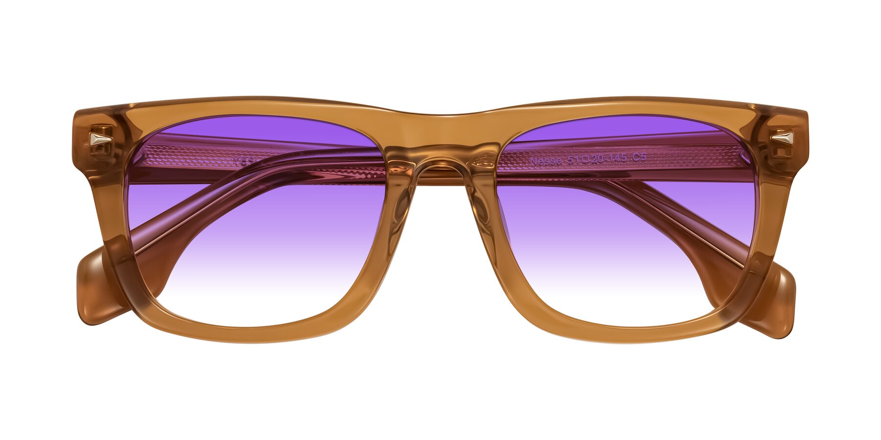 Folded Front of Nesse in Amber with Purple Gradient Lenses