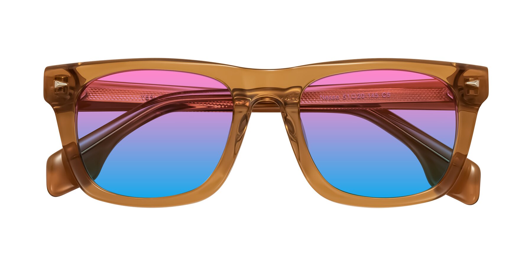 Folded Front of Nesse in Amber with Pink / Blue Gradient Lenses