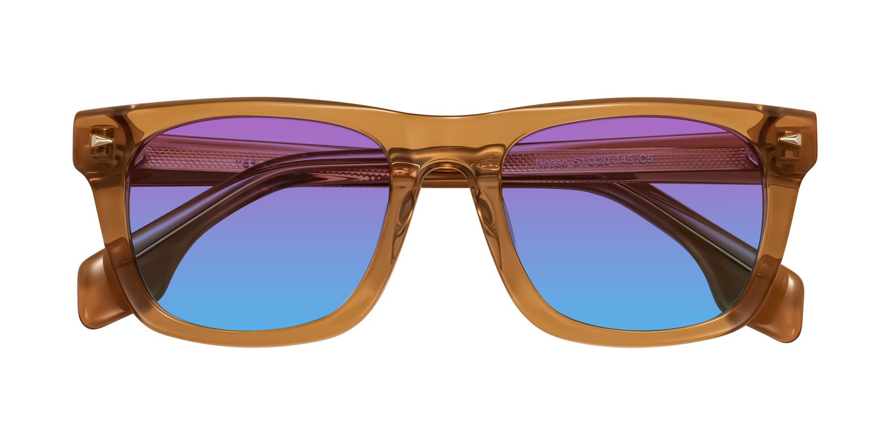 Folded Front of Nesse in Amber with Purple / Blue Gradient Lenses