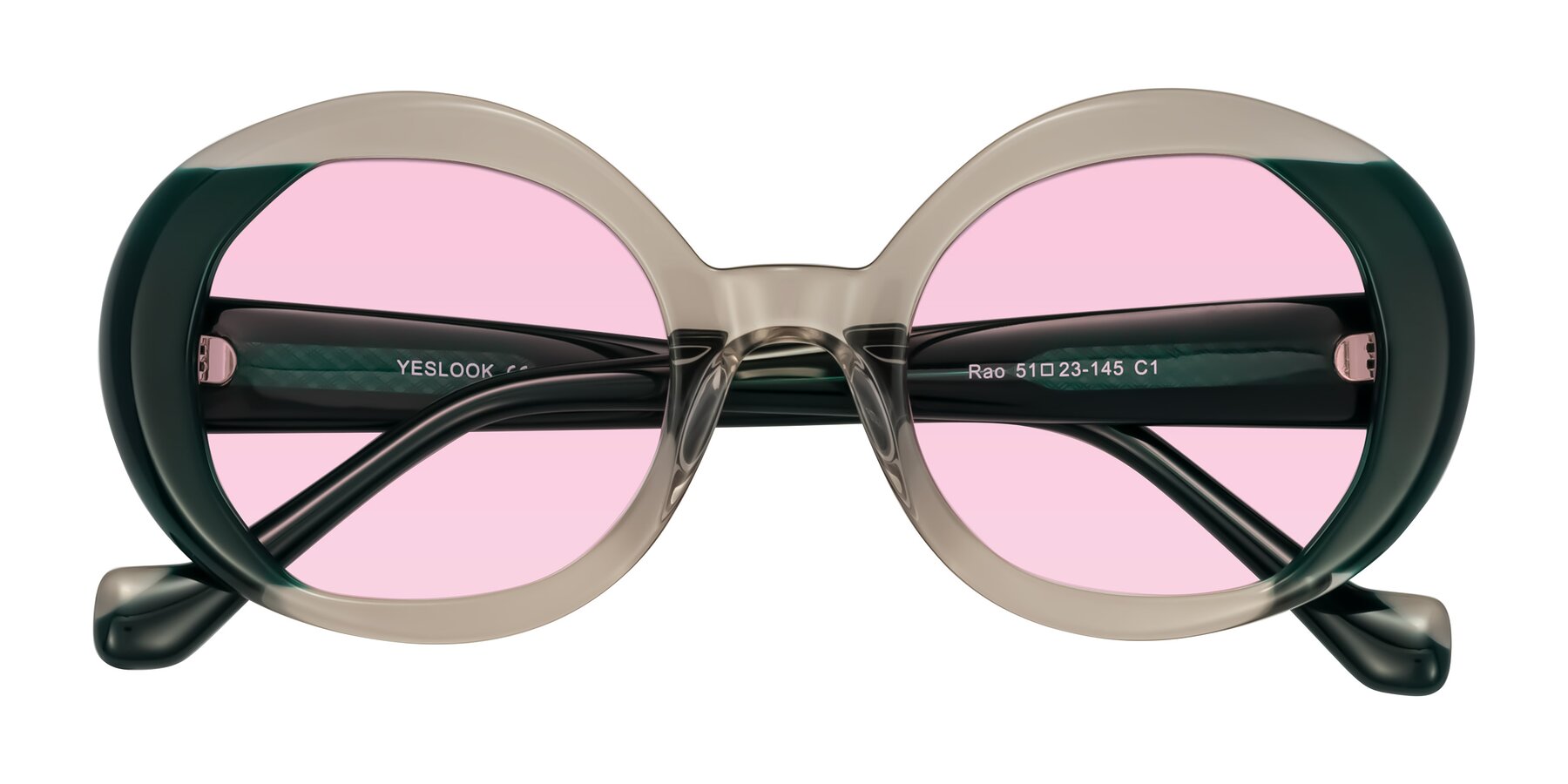 Folded Front of Rao in Gray/Dark Green with Light Pink Tinted Lenses