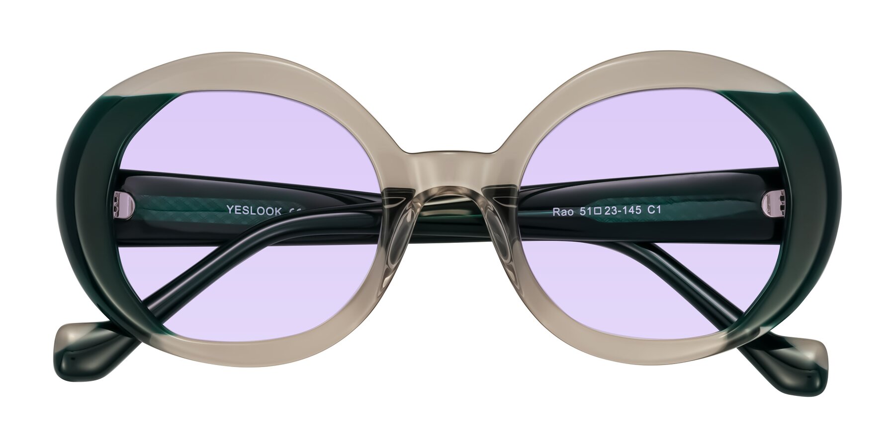 Folded Front of Rao in Gray/Dark Green with Light Purple Tinted Lenses