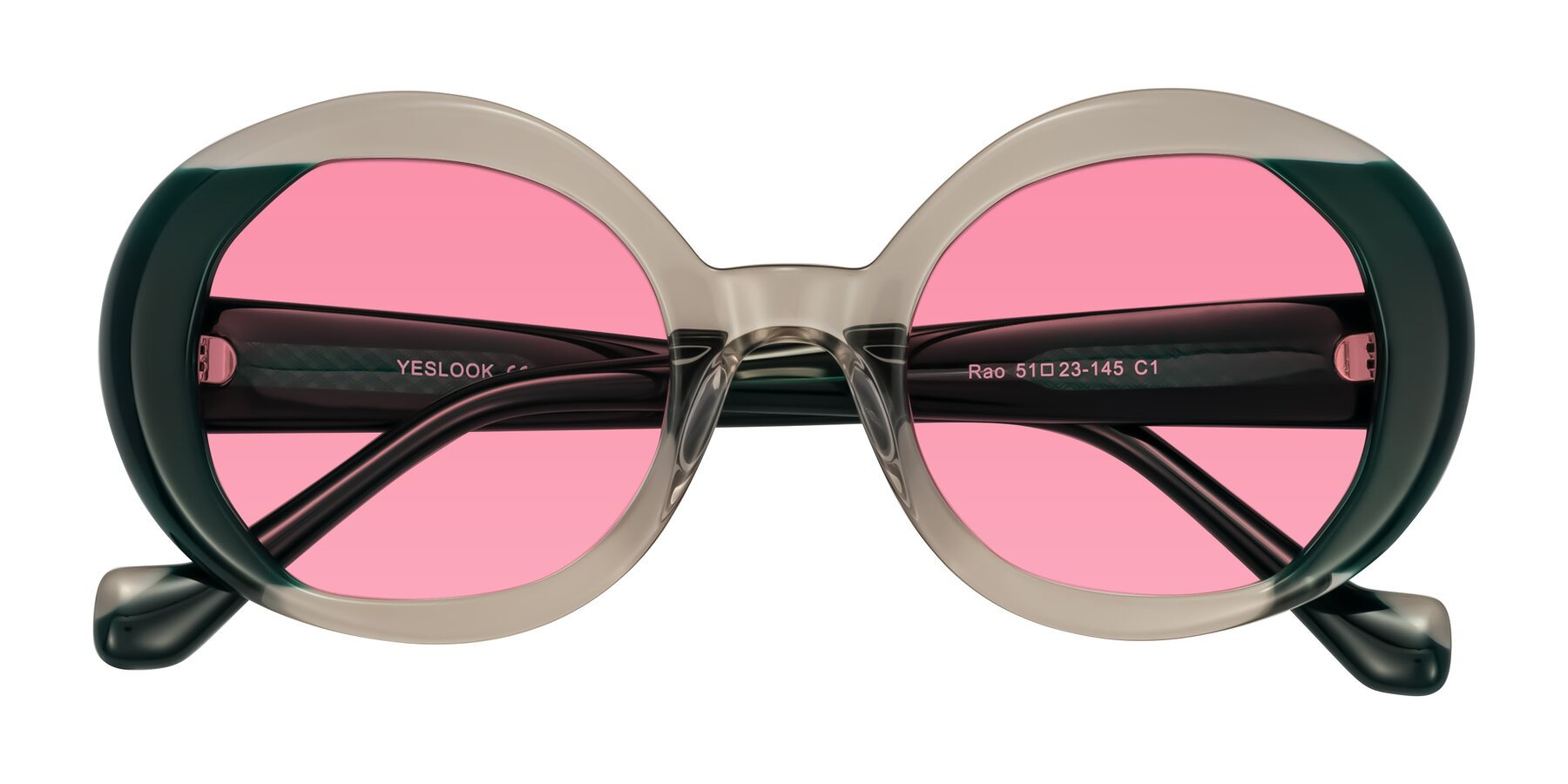 Folded Front of Rao in Gray/Dark Green with Pink Tinted Lenses