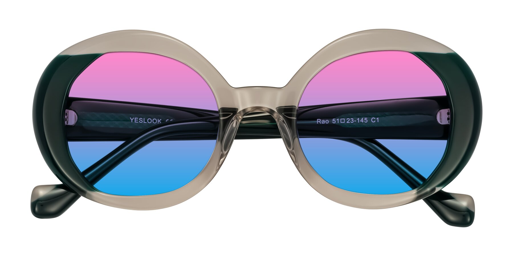 Folded Front of Rao in Gray/Dark Green with Pink / Blue Gradient Lenses