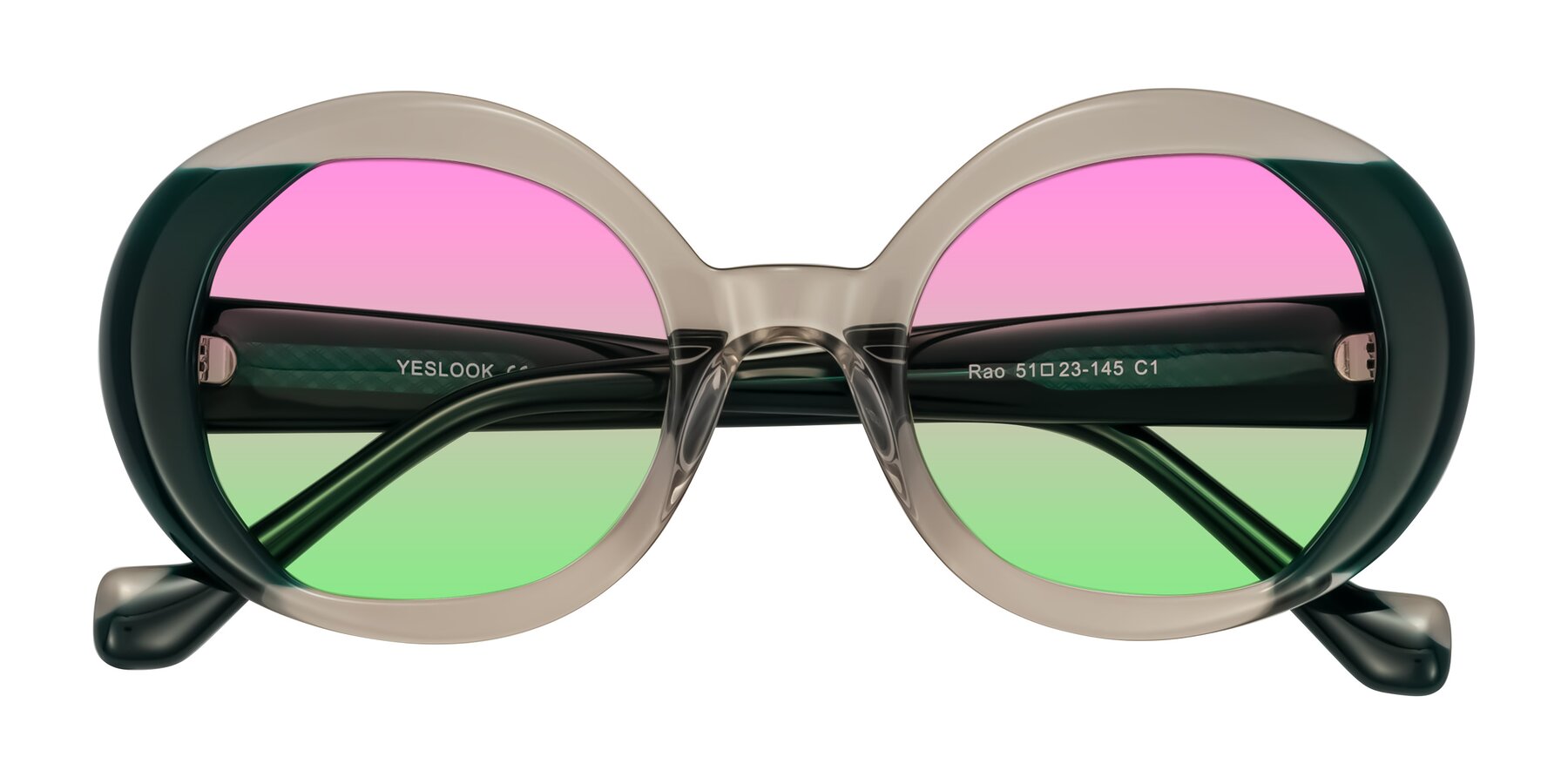 Folded Front of Rao in Gray/Dark Green with Pink / Green Gradient Lenses