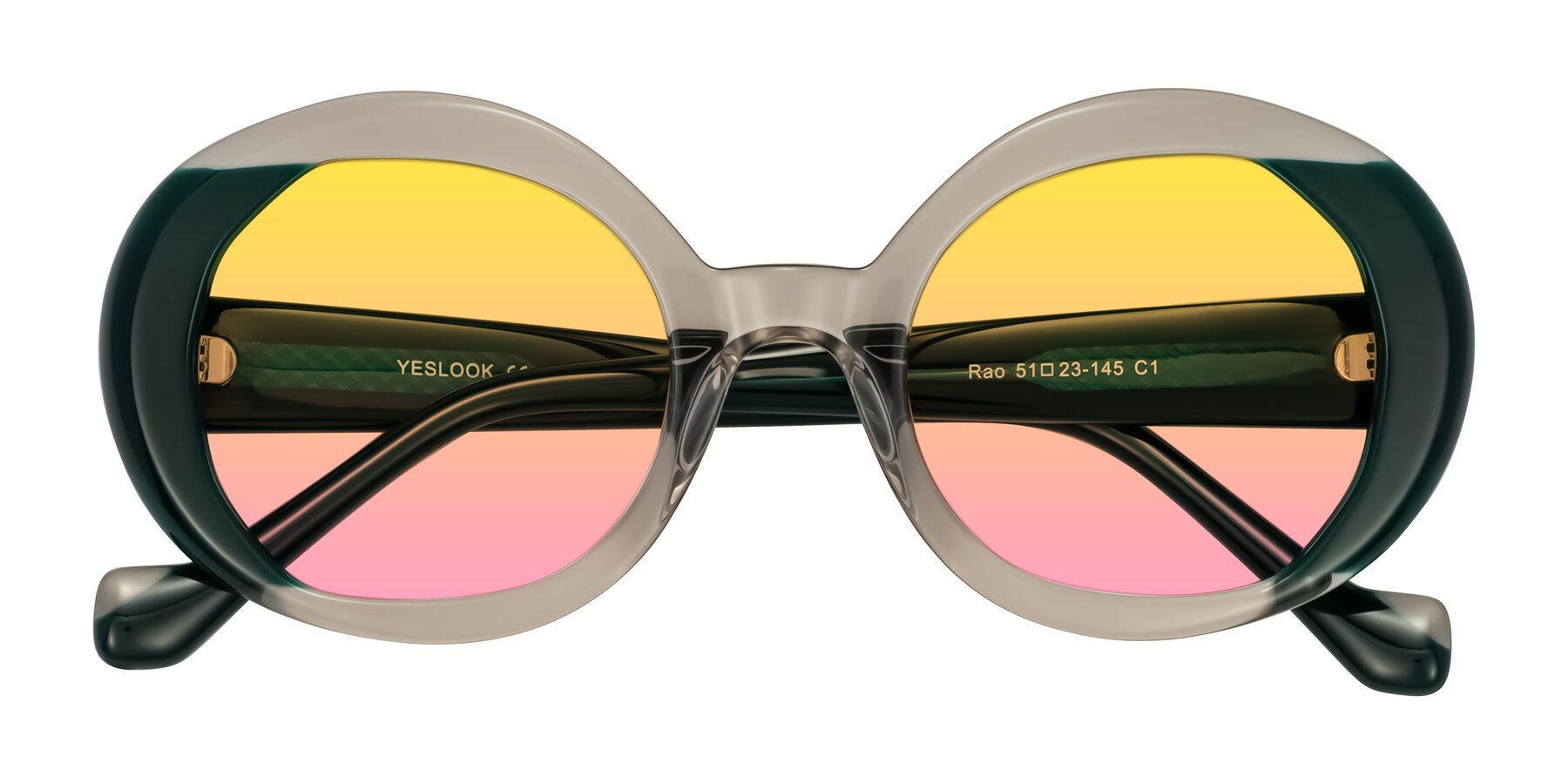 Folded Front of Rao in Gray/Dark Green with Yellow / Pink Gradient Lenses