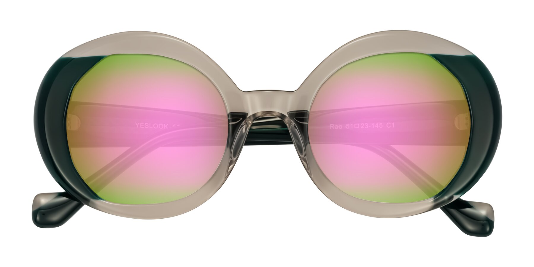 Folded Front of Rao in Gray/Dark Green with Pink Mirrored Lenses
