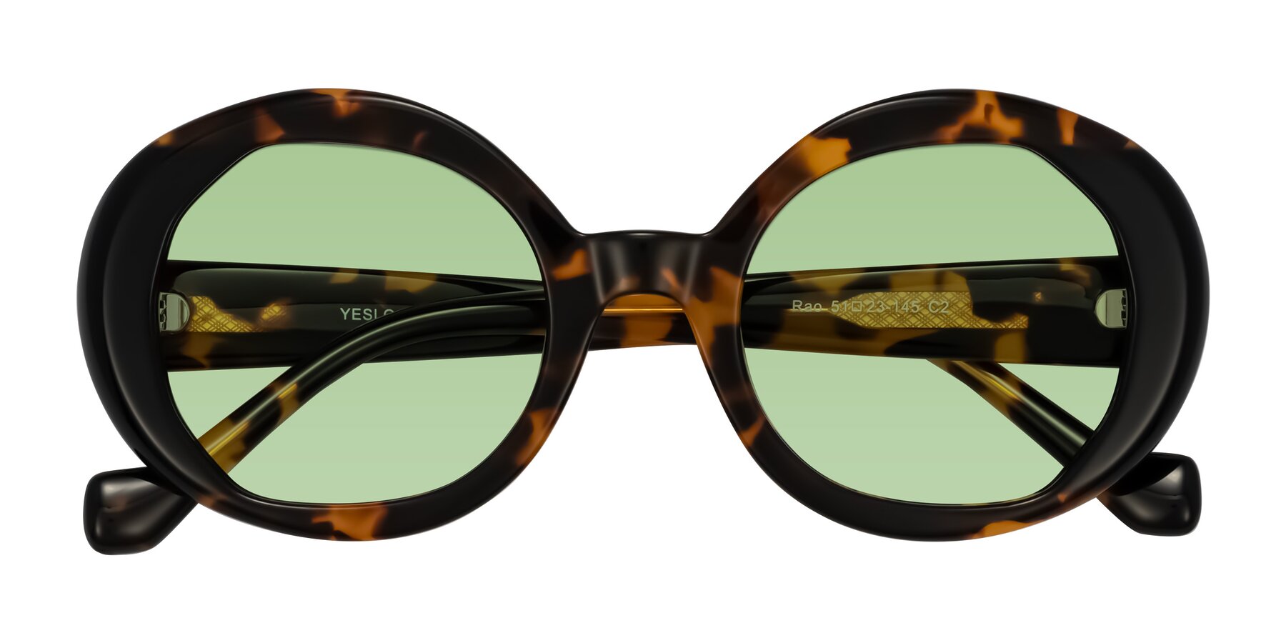 Folded Front of Rao in Tortoise/Black with Medium Green Tinted Lenses