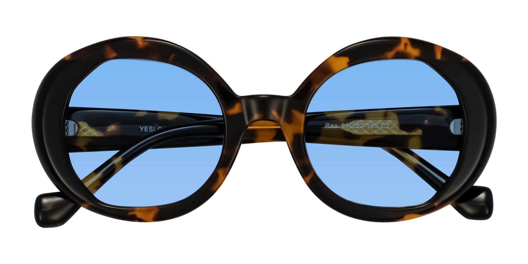 Folded Front of Rao in Tortoise/Black with Medium Blue Tinted Lenses