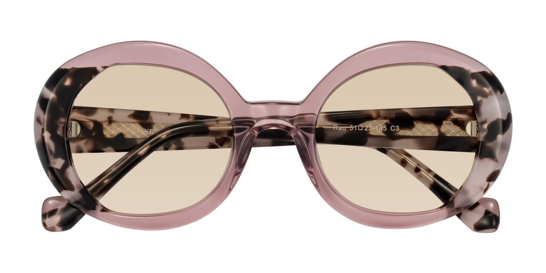 Folded Front of Rao in Pink/Ivory Tortoise with Light Brown Tinted Lenses