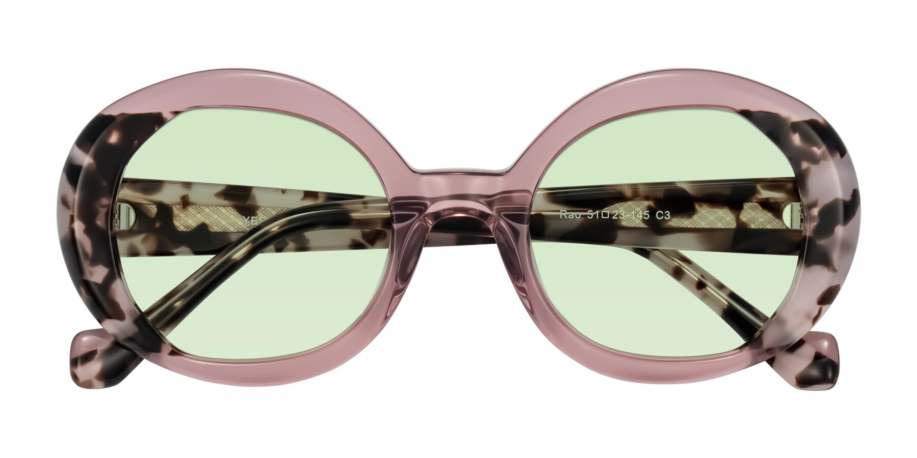 Folded Front of Rao in Pink/Ivory Tortoise with Light Green Tinted Lenses